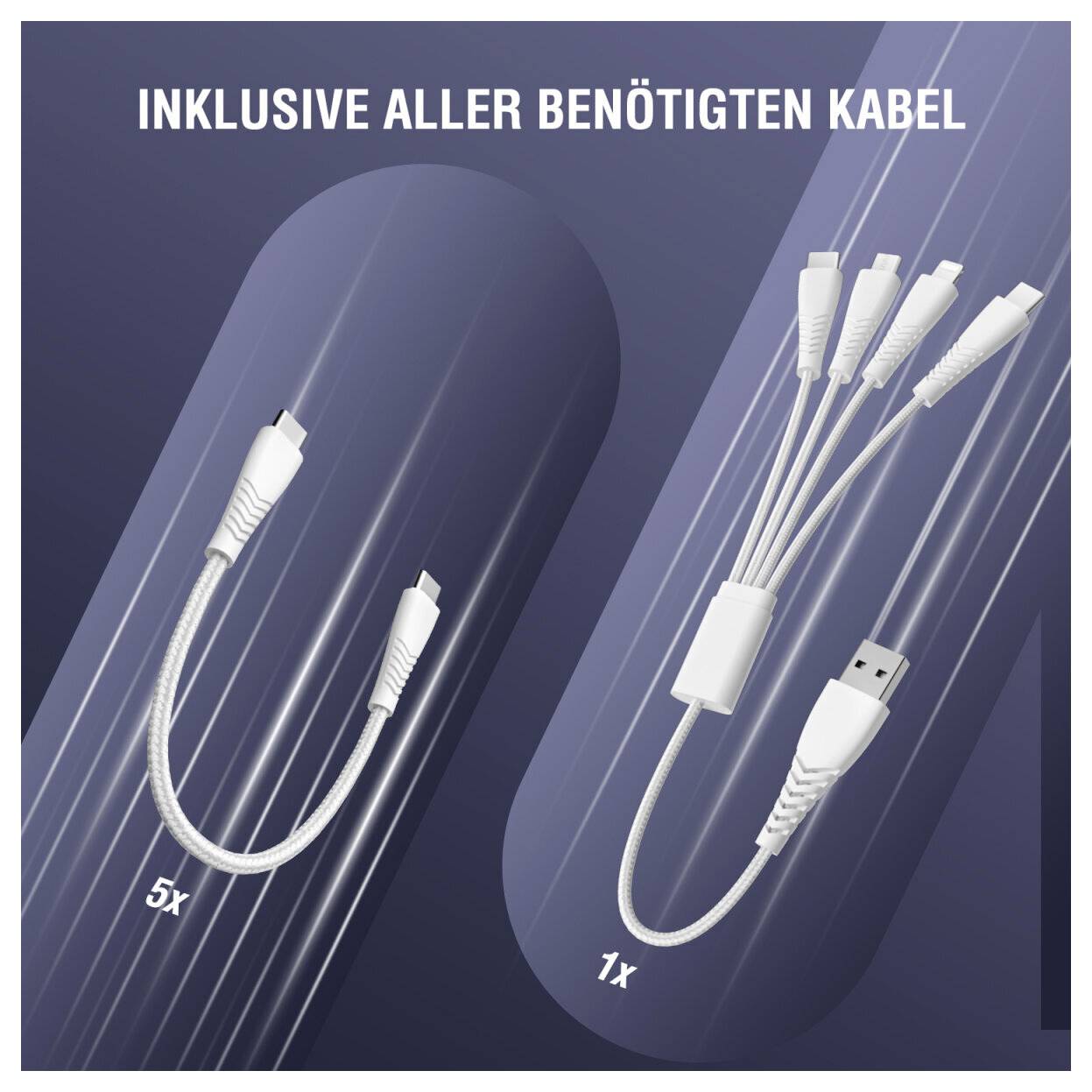 Grafik mit enthaltenen Kabeln: fünf kurze weiße Kabel auf der linken Seite und ein Multi-Stecker-Kabel auf der rechten Seite, mit der Beschriftung auf Deutsch „INKLUSIVE ALLER BENÖTIGTEN KABEL".