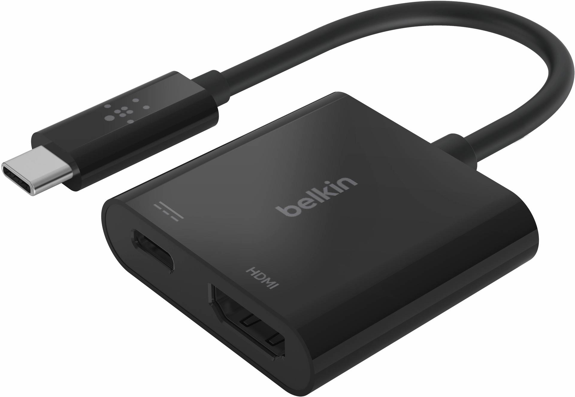 Belkin USB-C-auf-HDMI-Adapter mit angeschlossenem Kabel, zeigt einen USB-C-Stecker und einen HDMI-Anschluss.