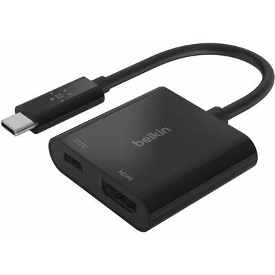 Belkin USB-C-auf-HDMI-Adapter mit angeschlossenem Kabel, zeigt einen USB-C-Stecker und einen HDMI-Anschluss.