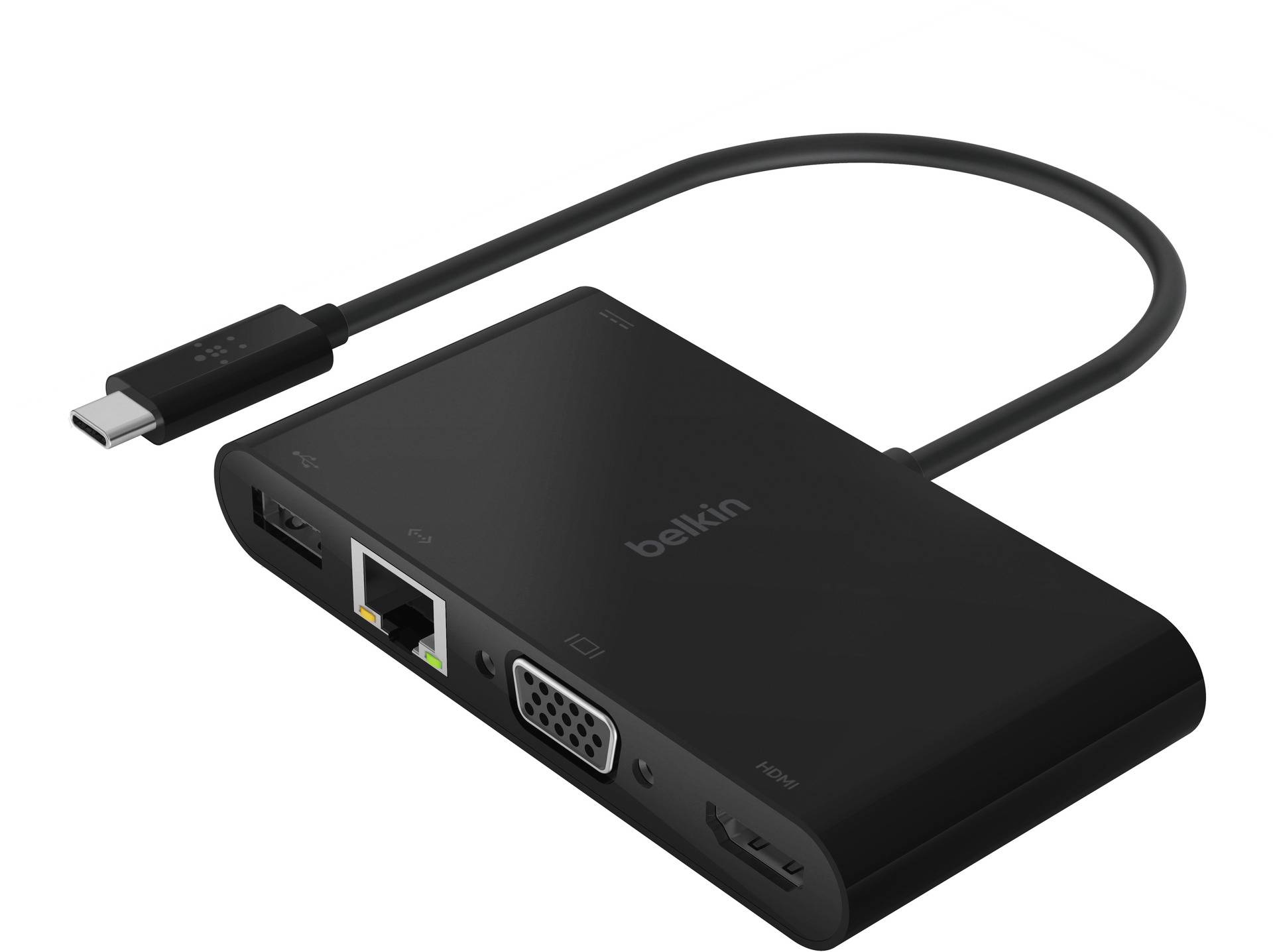 Schwarzer Belkin USB-C-Hub mit angeschlossenem Kabel, ausgestattet mit Ethernet-Anschluss, VGA-Anschluss und HDMI-Ausgang.