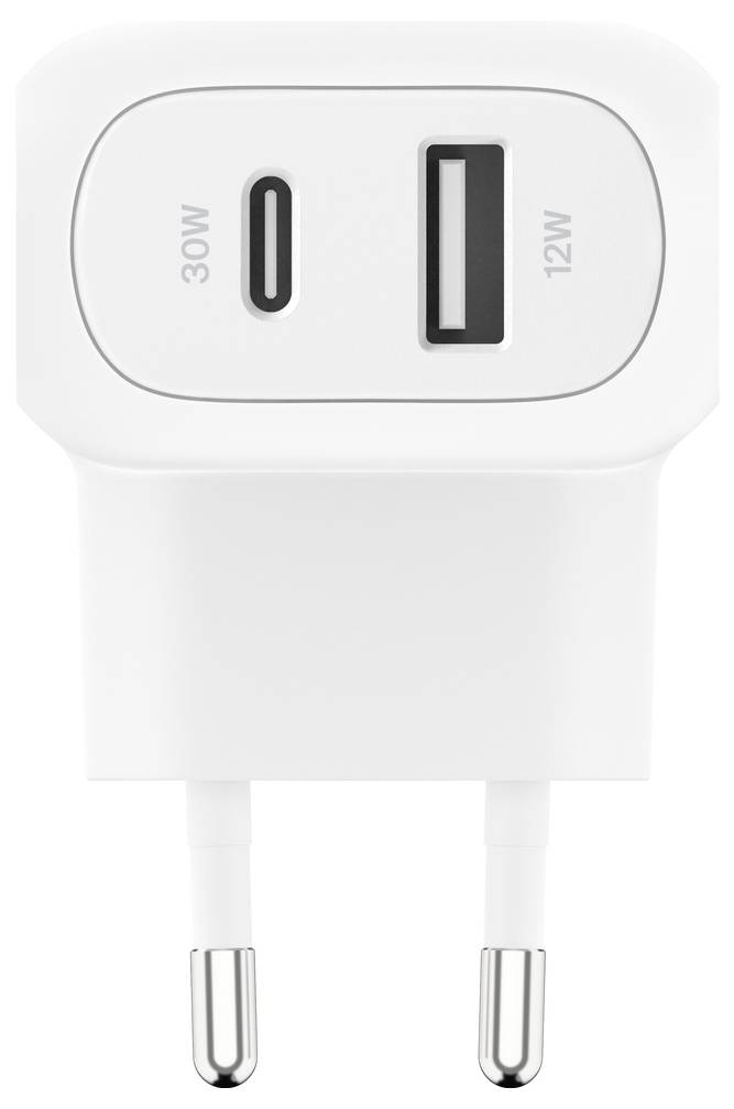 Weiß USB-Wandladegerät mit zwei Anschlüssen mit der Bezeichnung 30W USB-C und 12W USB-A, gezeigt mit zwei runden Stiften.