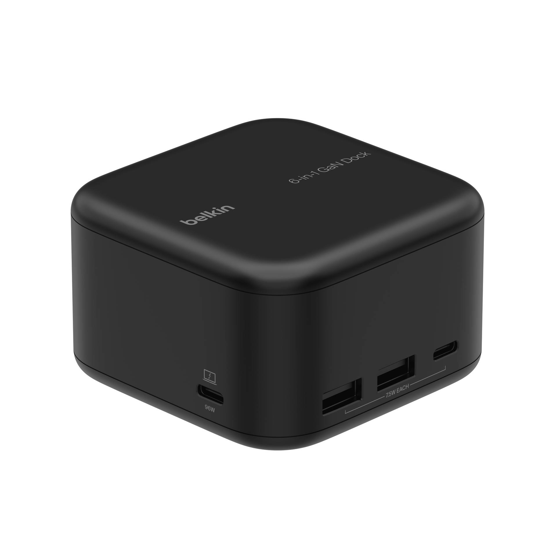 Schwarzes Belkin-Ladedock mit mehreren USB-Anschlüssen an der Vorder- und Seitenseite, isoliert auf weißem Hintergrund dargestellt.