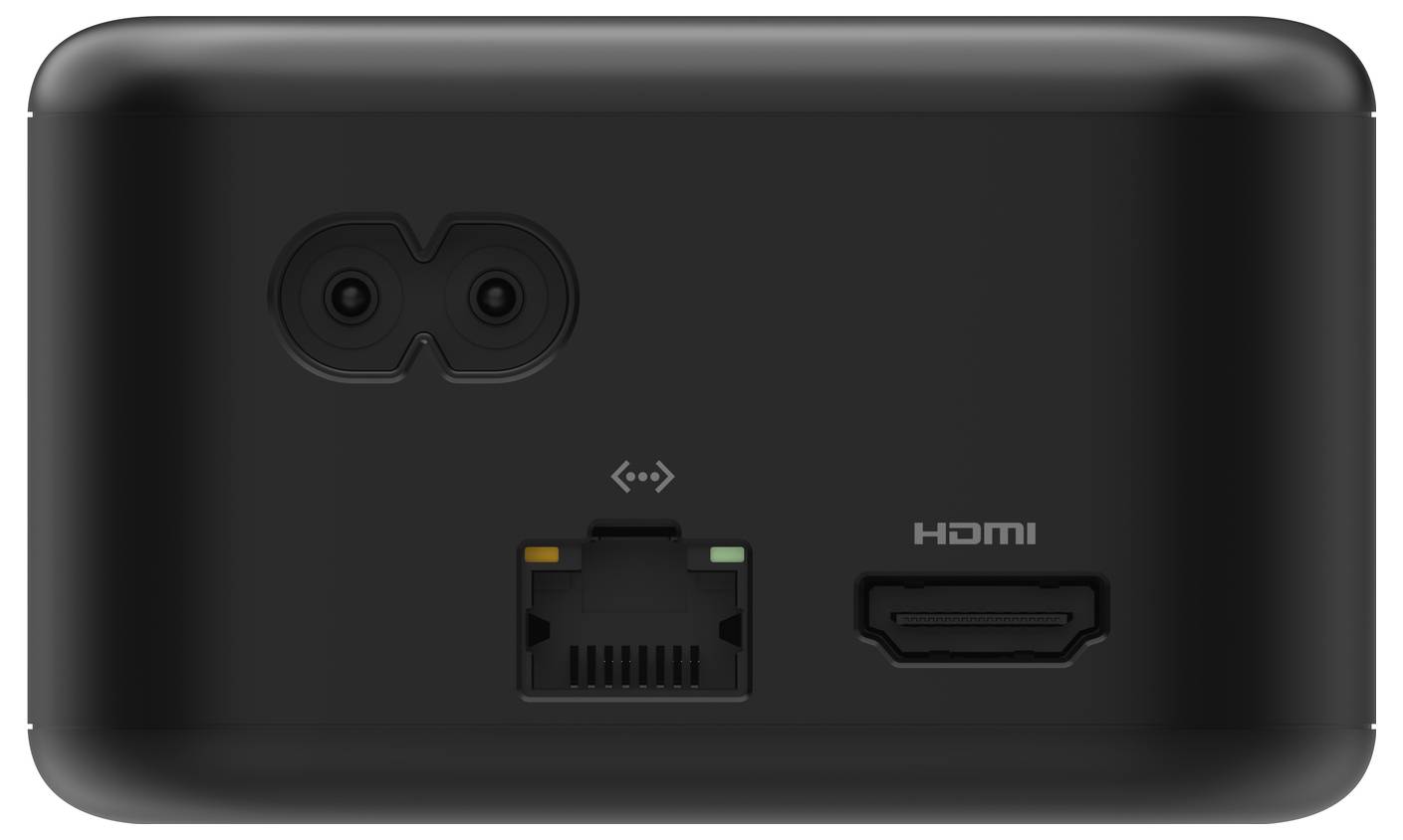 Rückseite eines schwarzen Geräts mit einem Stromausgang, einer Ethernet-Buchse und einem HDMI-Ausgang, mit Portbeschriftungen darüber.