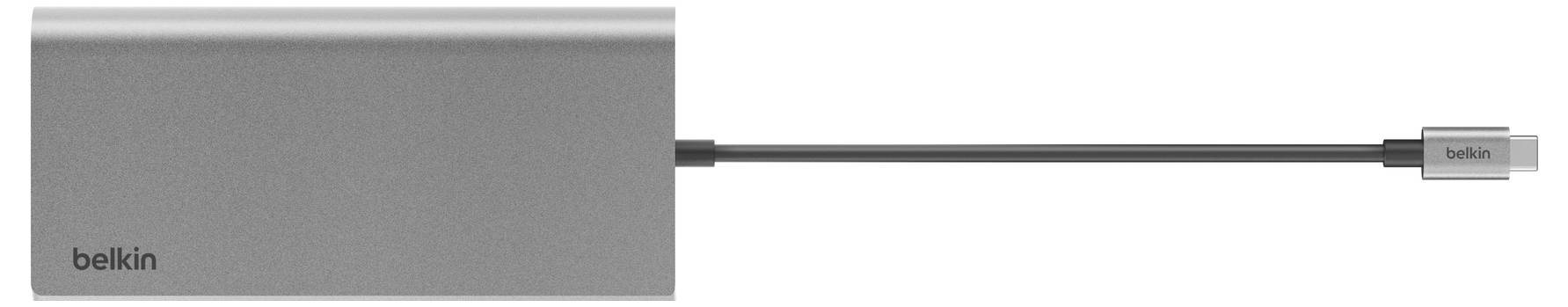Belkin tragbares Ladegerät mit einem Kabel, das sich zu einem kleinen Gerät auf der rechten Seite erstreckt.