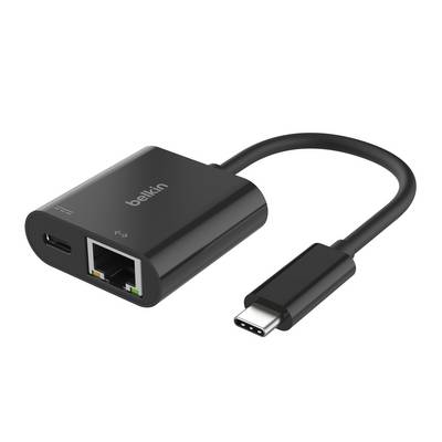 Schwarzer Belkin USB-C-Adapter mit USB-C-Stecker, USB-A-Anschluss und Ethernet-Anschluss auf einem kurzen Kabel.