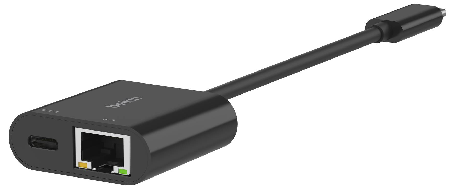 Schwarzes USB-C-Adapterkabel mit Ethernet-Anschluss und seitlichem USB-Anschluss, auf weißem Hintergrund gezeigt.