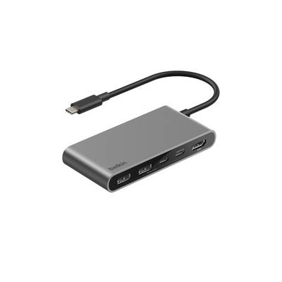 Belkin USB-C-Hub mit angebundenem Kabel, das mehrere Anschlüsse zum Verbinden von Geräten und Displays zeigt.