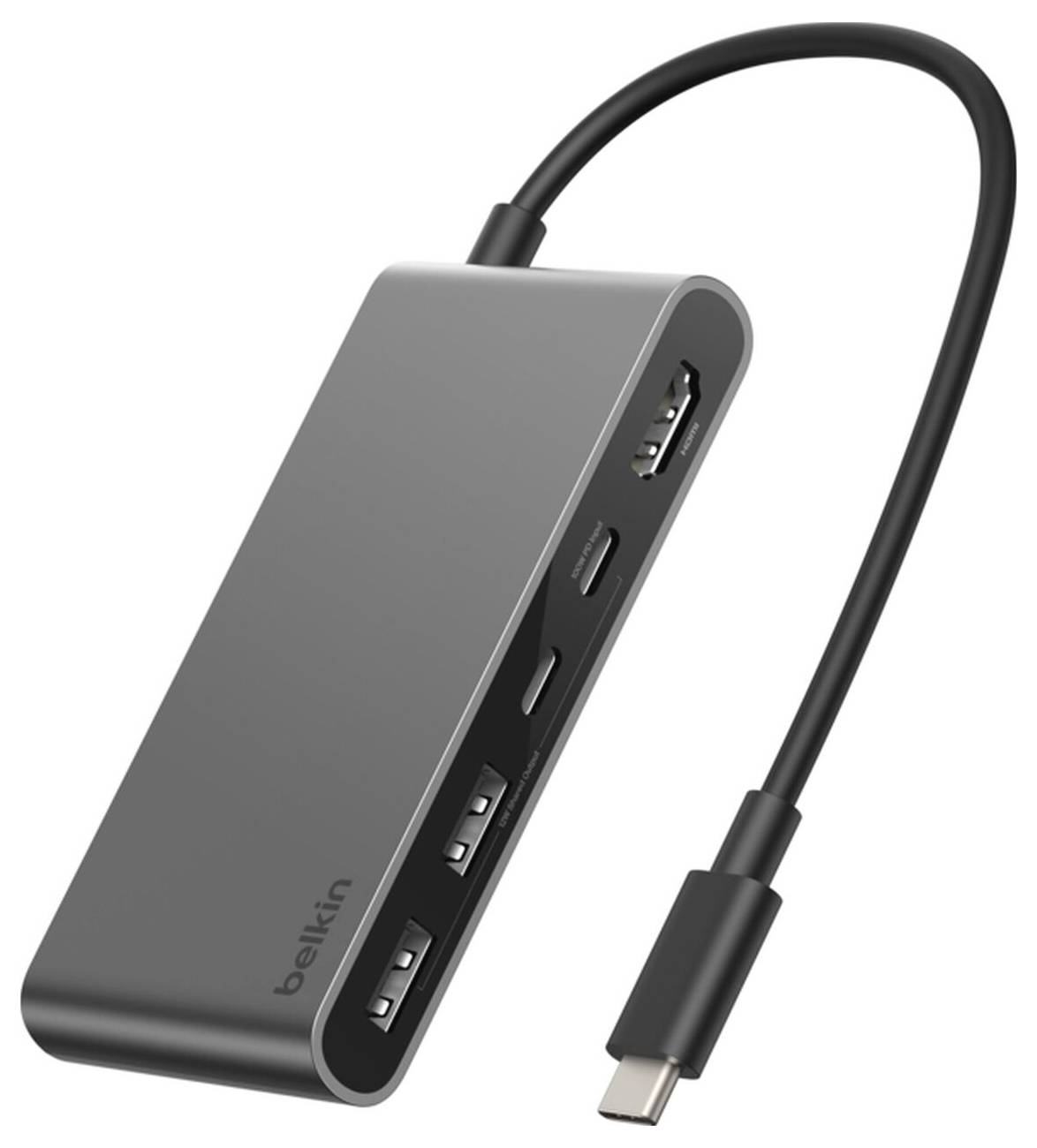 Grauer USB-C-Hub mit angeschlossenem Kabel, der mehrere USB-Anschlüsse und einen USB-C-Anschluss zum Erweitern von Geräteverbindungen zeigt.