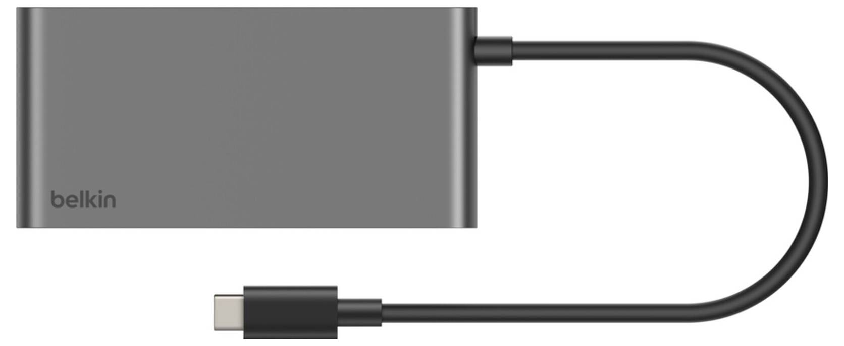 Belkin-Ladekabel, das mit einem grauen Gerät verbunden ist und einen USB-C-Stecker und ein Kabel auf weißem Hintergrund zeigt.