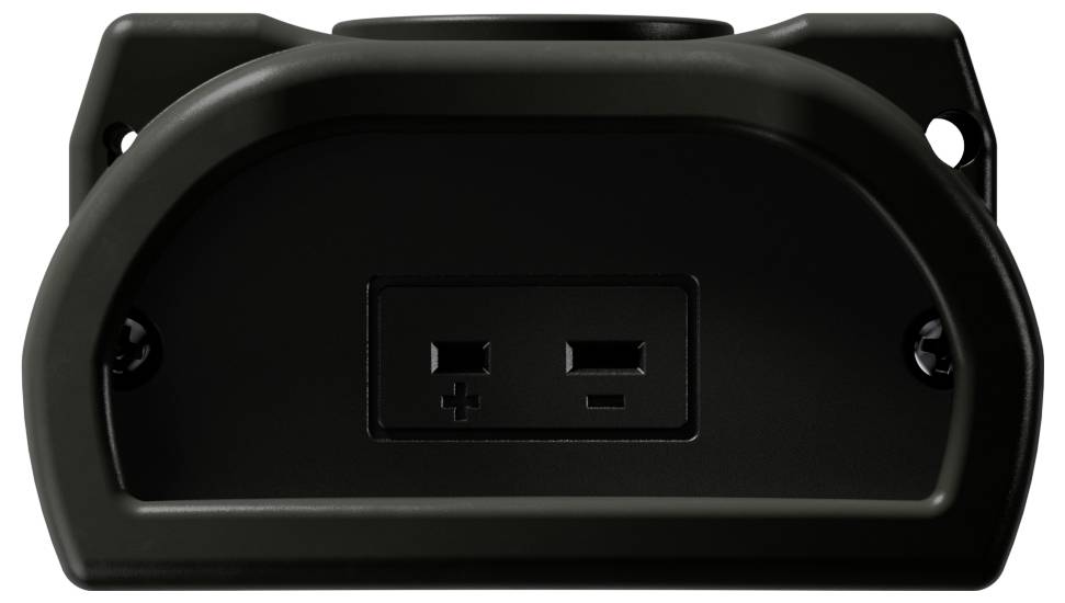 Schwarze wandmontierte Abdeckung für Elektrosteckdose mit zwei USB-Ladeanschlüssen, die in der Mitte mit "+" und "−" gekennzeichnet sind