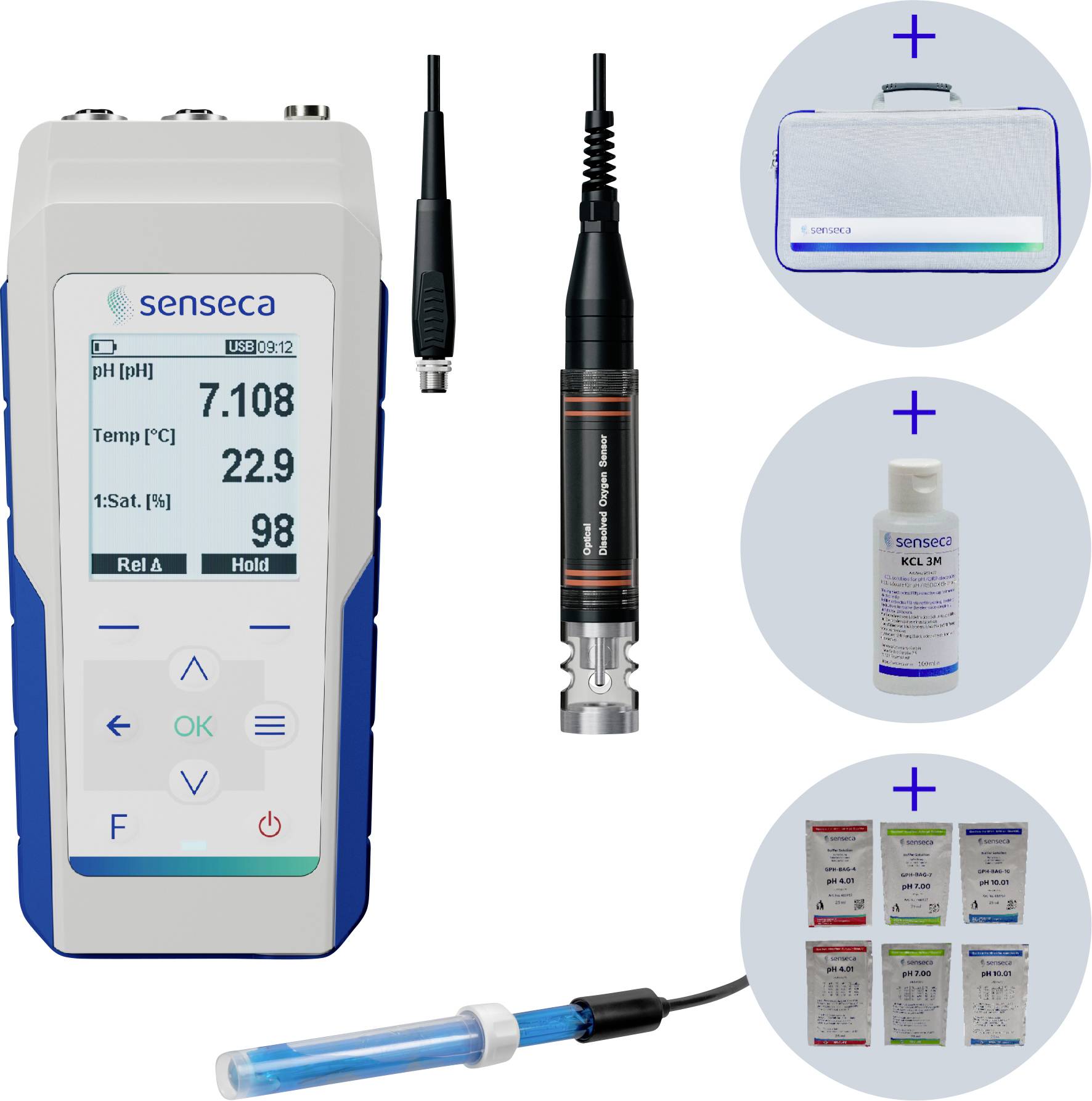 Senseca tragbares pH-Messgerät mit Sonde, gezeigt mit Tragekoffer, Kalibrierflüssigkeit und Pufferpaketen zur Messung der Wasserqualität.