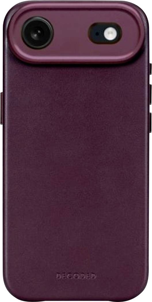Rückseite einer violetten Smartphone-Schutzhülle mit erhöhter Dual-Kamera-Öffnung und dem Wort „DECODED" in Prägedruck in der Nähe des unteren Randes.