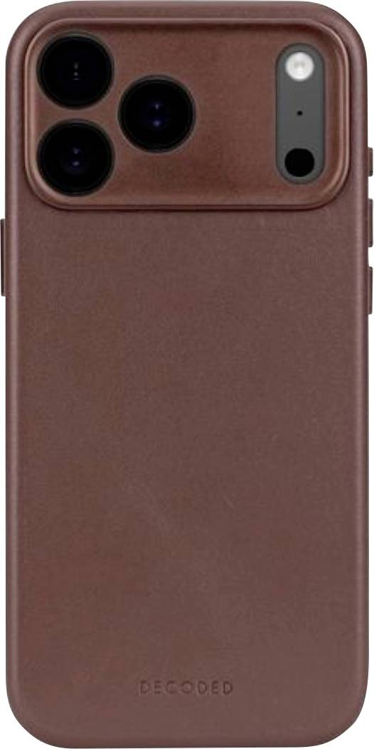 Braunes Lederetui für Telefon mit drei Aussparungen für rückwärtige Kameras und „DECODED" im unteren Bereich geprägt.