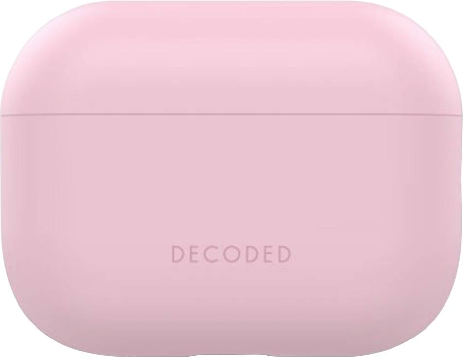 Rosa kabelloses Ohrhörer-Ladegehäuse mit dem Wort „DECODED" auf der Vorderseite.