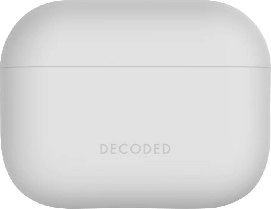 Ein weißes, kabelloses Kopfhörer-Ladeetui mit abgerundeten Ecken und dem Wort „DECODED" auf der Vorderseite.