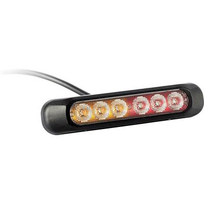 Nahaufnahme einer LED-Warnlichtleiste mit leuchtenden bernsteinfarbenen und roten Abschnitten in einem schwarzen Gehäuse.