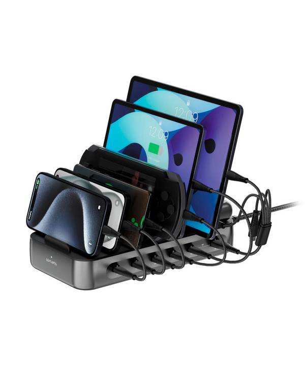 4Smarts Tischladestation 100 W USB-A, USB-C®, Lightning, Micro-USB Quick Charge, USB PD Schwarz, Grau Innenbereich USB Power Delivery (USB-PD)