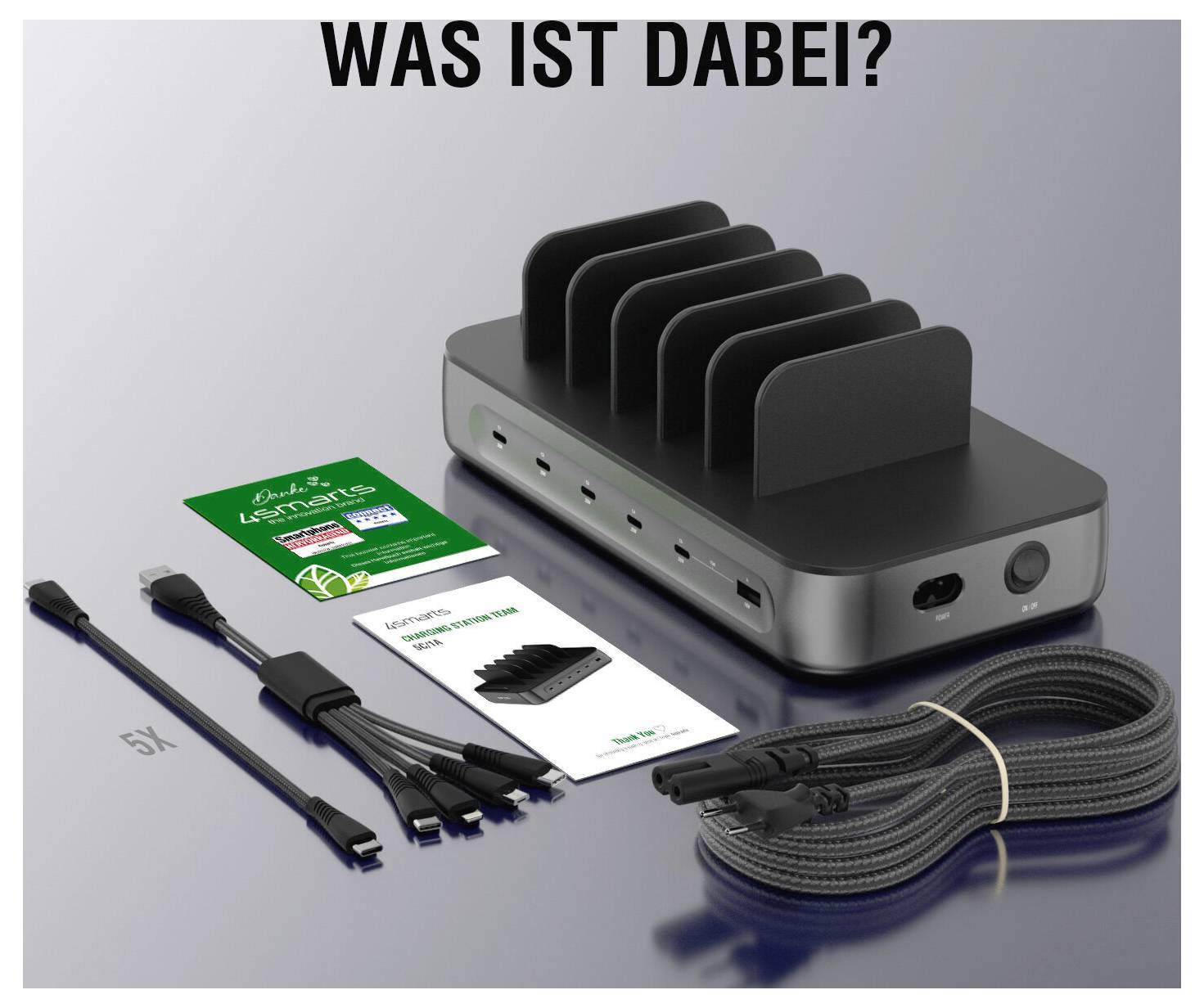 Marketingbild eines kleinen schwarzen elektronischen Hubs mit rippenartiger Wärmeflossenstruktur und angeschlossenen Kabeln, gezeigt mit Produkthandbüchern und Zubehör; Text lautet "WAS IST DABEI?"