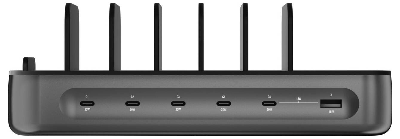 Vorderansicht eines schwarzen kabellosen Routers/Modems mit sechs vertikalen Antennen und sechs Anzeigelichtern an der Vorderseite sowie einem USB-Anschluss auf der rechten Seite.