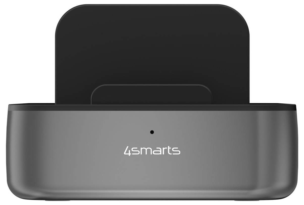 4smarts Ladedock mit einem schwarzen Gerät in einer grauen Halterung, Vorderansicht auf weißem Hintergrund.