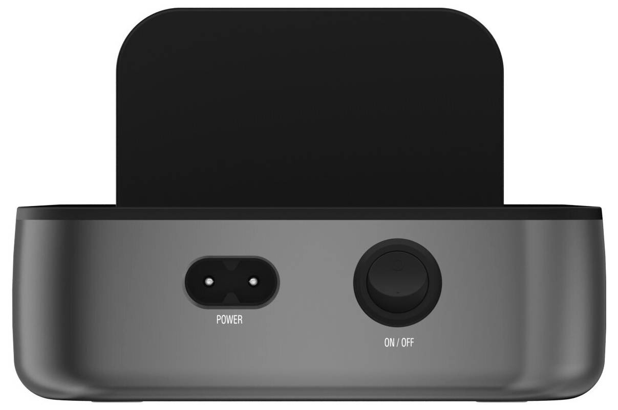 Vorderansicht eines schwarzen Docks oder einer Basis mit einem Stromport mit der Beschriftung „POWER" und einem runden Ein-/Ausschalter mit der Beschriftung „ON/OFF".