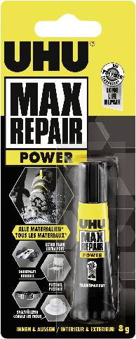 UHU Max Repair Power Klebstofftuben auf gelb-schwarzer Verpackung, beschriftet mit „Max Repair", „Power" und „8 g", mit Hinweisen für Innen- und Außenbereich.
