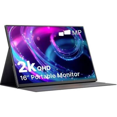 Tragbarer 16-Zoll-2K-QHD-Monitor mit ausklappbarem Ständer, in Schrägansicht mit farbenfrohen abstrakten Displaygrafiken und "MP"-Branding.