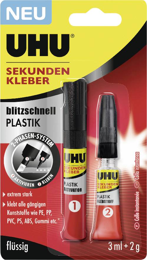UHU Sekundenkleber Kunststoffkleber-Set mit zwei Applikatorfläschchen, beschriftet mit „blitzschnell PLASTIK", für schnelles Verkleben von Kunststoffen.