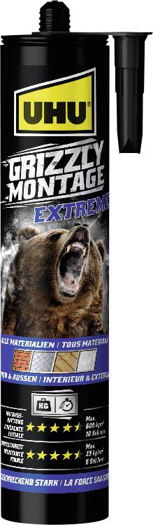 UHU Grizzly Montage Extreme Montageklebstoff-Kartusche mit Bärenbild, gezeigt mit einer schwarzen Applikatordüse.