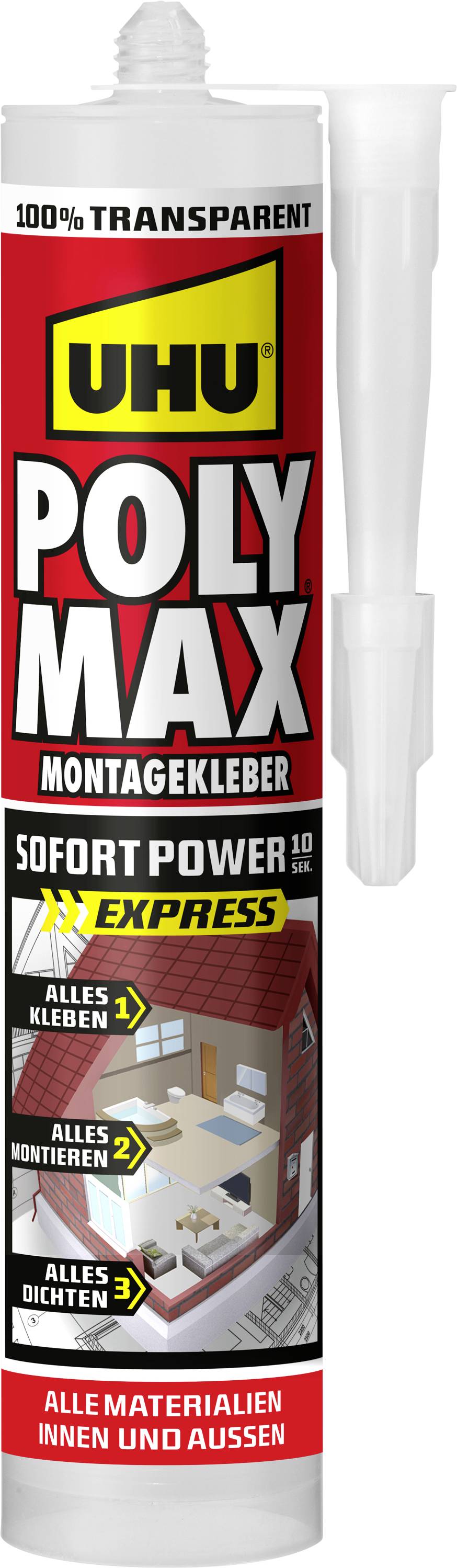 Tube UHU Poly Max Montagekleber Klebstoff mit Applikator-Düse, gekennzeichnet mit 100% transparent und 'Sofort Power Express' für Innen- und Außenbereich.