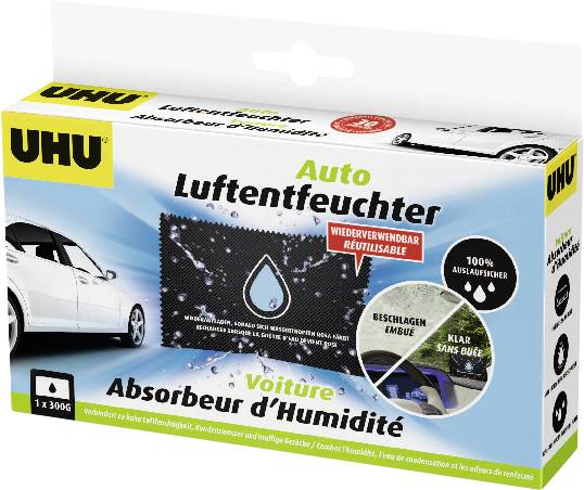 UHU Auto Luftentfeuchter Box, ein wiederverwendbarer Autoluftentfeuchter, dargestellt mit Wassertropfen-Symbol und dem Sicherheitssiegel „100% AUSLAUFSICHER".