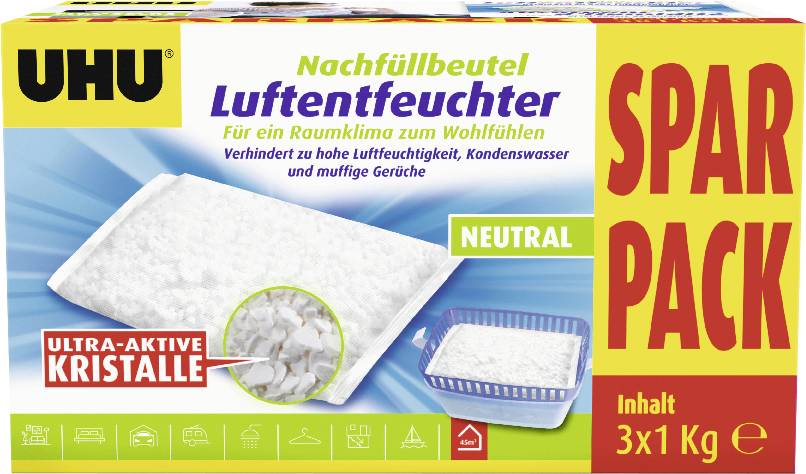 UHU Nachfüllpack Entfeuchter-Kristalle, „SPAR PACK" 3x1 kg, gekennzeichnet mit „neutral" und „ultra-aktive Kristalle" zur Reduzierung von Luftfeuchtigkeit, Kondensation und muffigen Gerüchen.
