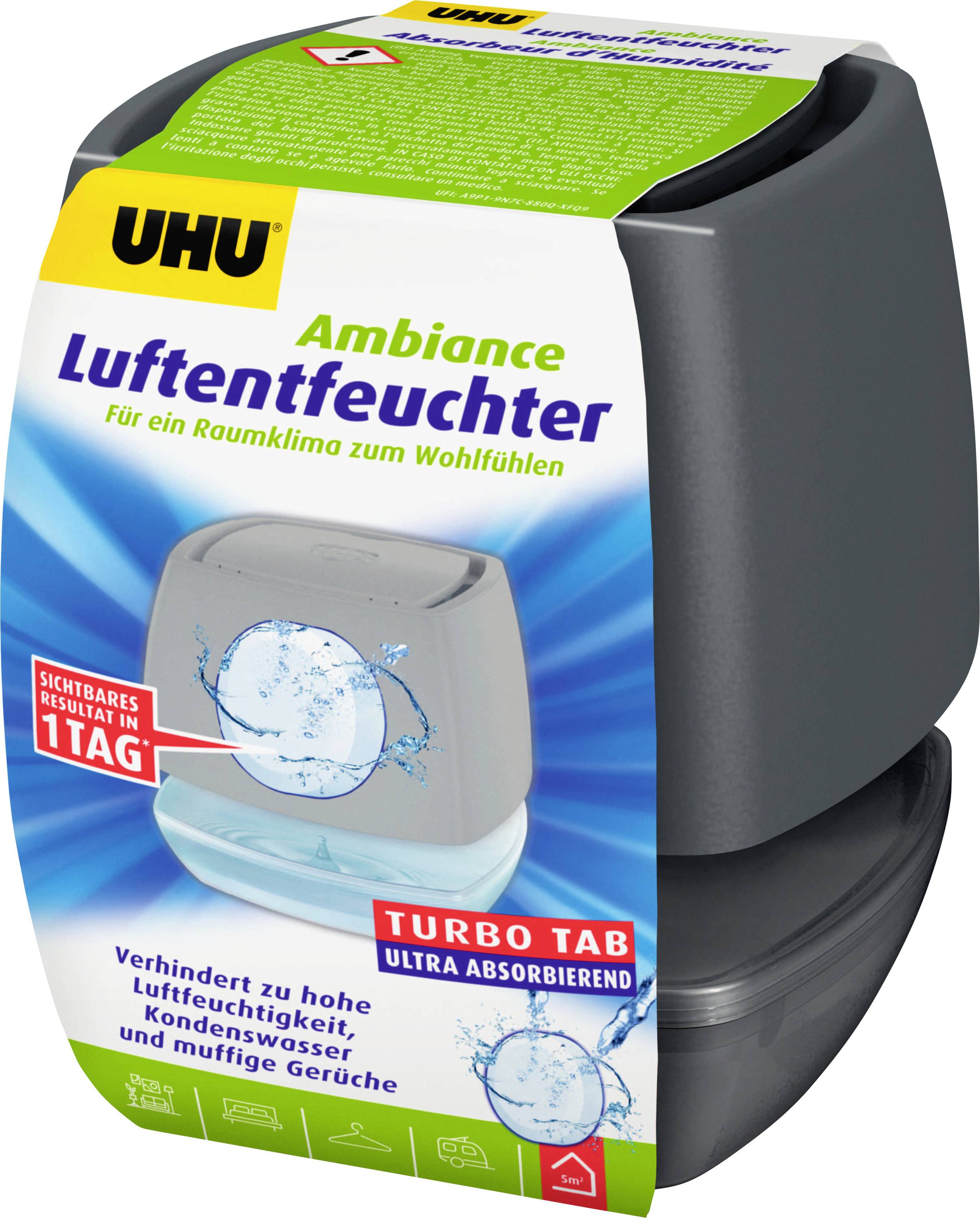 UHU Ambiance Luftentfeuchter Nachfüllpack für Raumklima-Komfort, gekennzeichnet mit „Luftentfeuchter" und „Turbo Tab", mit Abbildung eines Feuchtigkeitsabsorbers.
