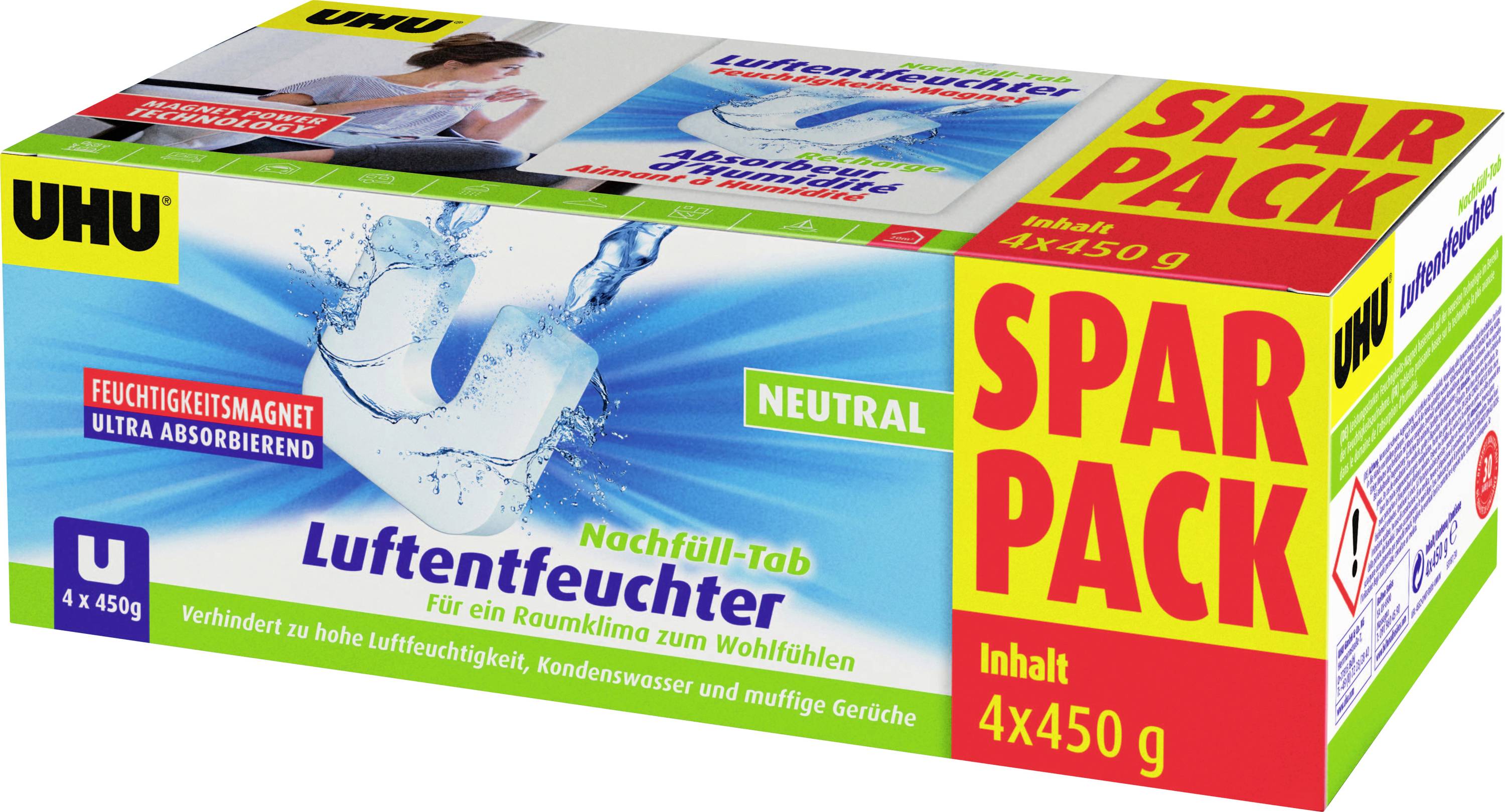 UHU 'Luftentfeuchter' Feuchtigkeitsabsorber 'Spar Pack' Karton, neutral, mit 4 x 450 g Nachfüllpackungen und Produktabbildung auf der Verpackung.