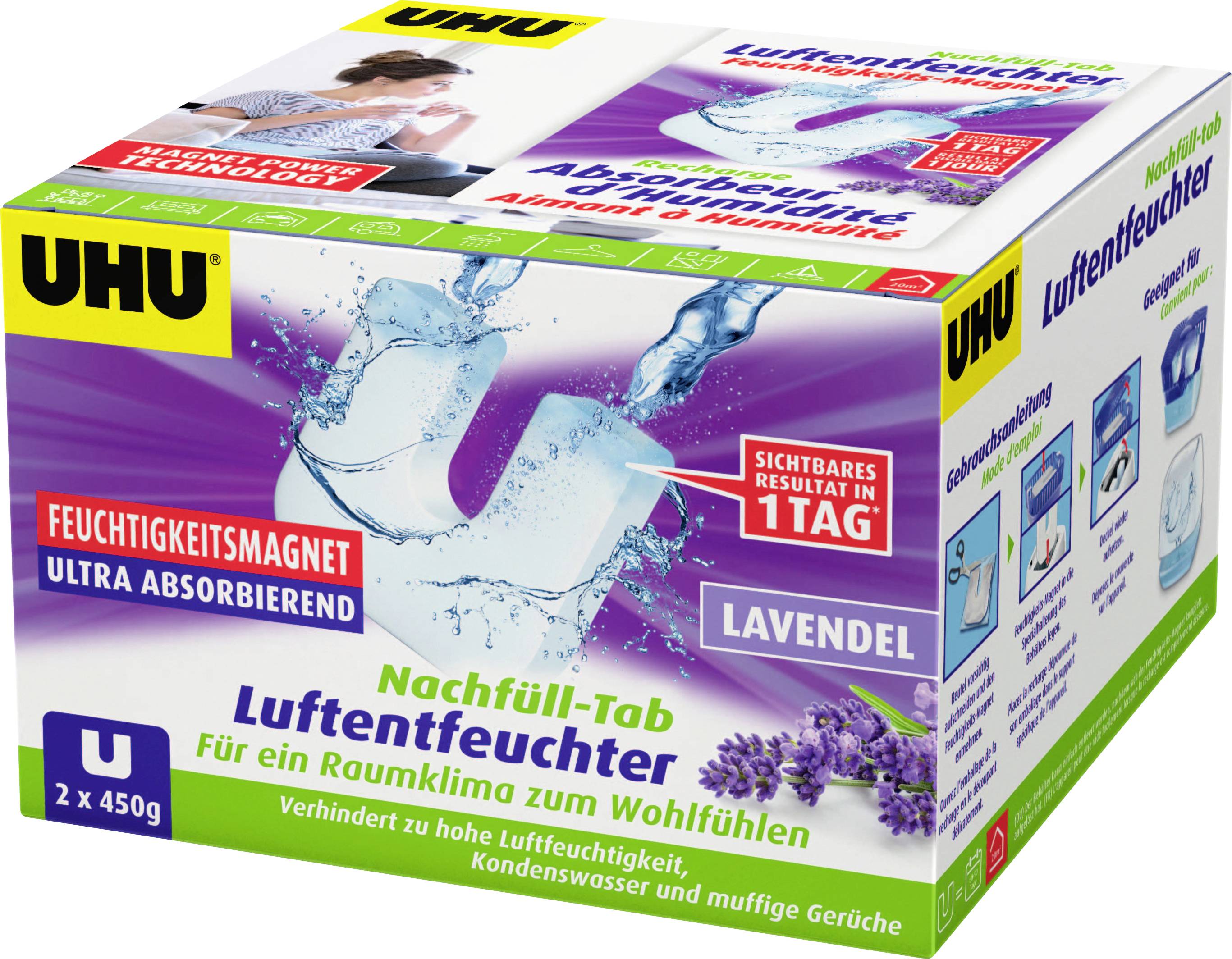 UHU Luftentfeuchter-Nachfülltabletten-Box, Lavendelduft, mit „sichtbares Ergebnis in 1 Tag" und Illustration von Feuchtigkeitsabsorbierenden Tabletten.