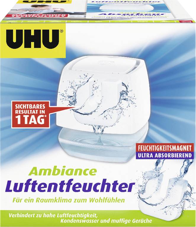 UHU Ambiance Luftentfeuchterbox mit einem weißen Entfeuchter und Text „Sichtbares Ergebnis in 1 Tag" und „Feuchtigkeitsmmagnet ultra absorbierend".