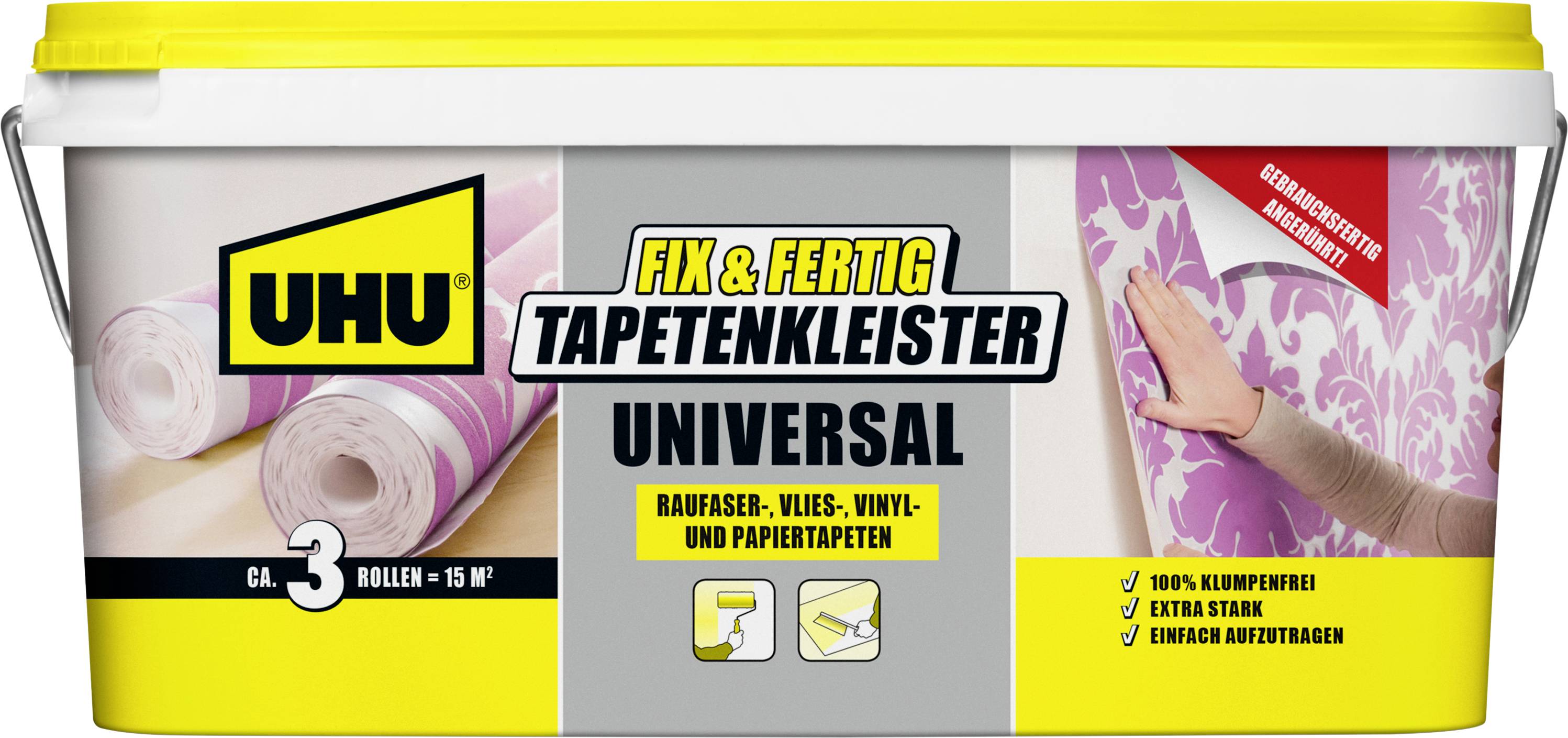 UHU 'Fix & Fertig Tapetenkleister Universal' Eimer für etwa 3 Rollen mit Etiketten für Tapeten aus Vlies, Vinyl und Papier.