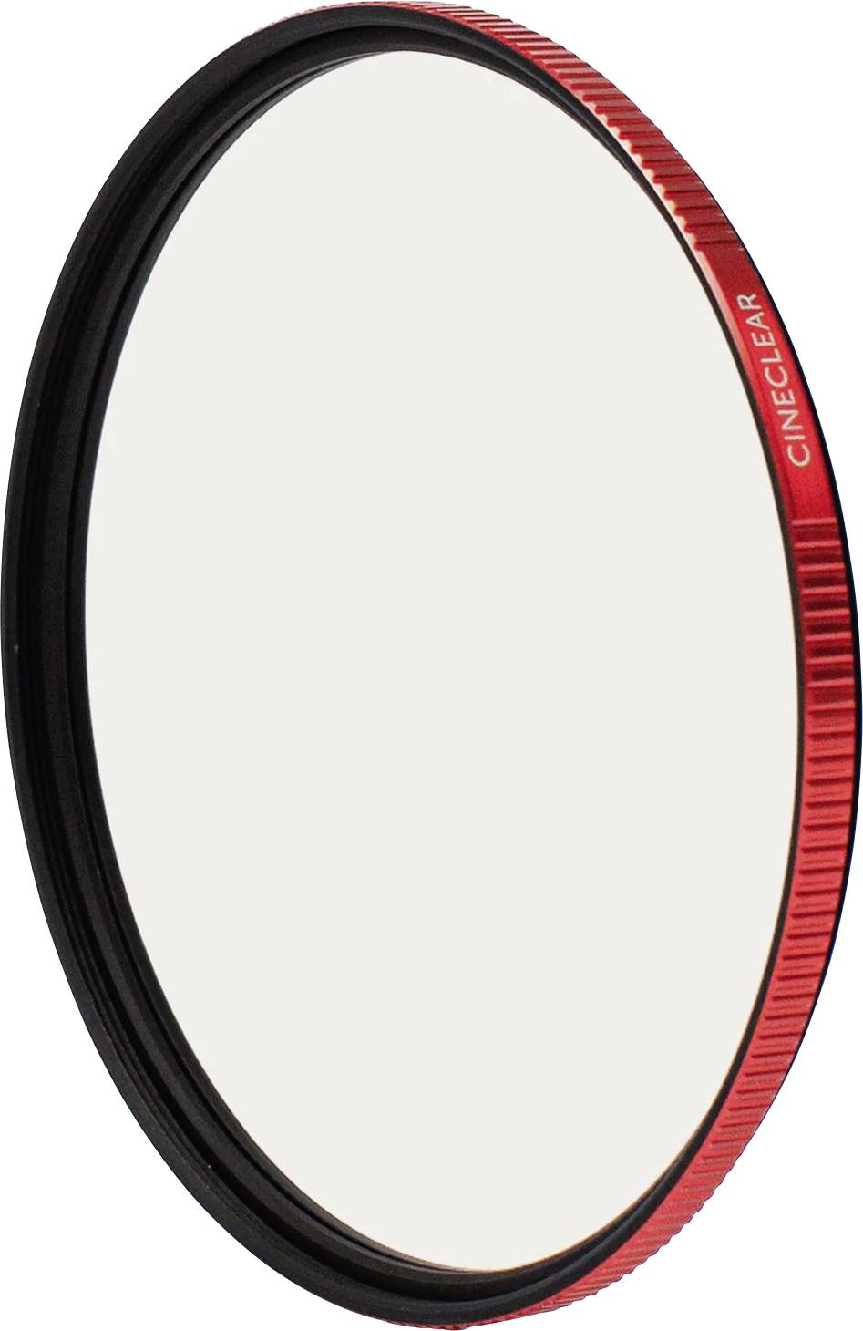 Nahaufnahme eines kreisförmigen rot-schwarzen CineClear-Filterrings auf weißem Hintergrund, in einem Winkel dargestellt.