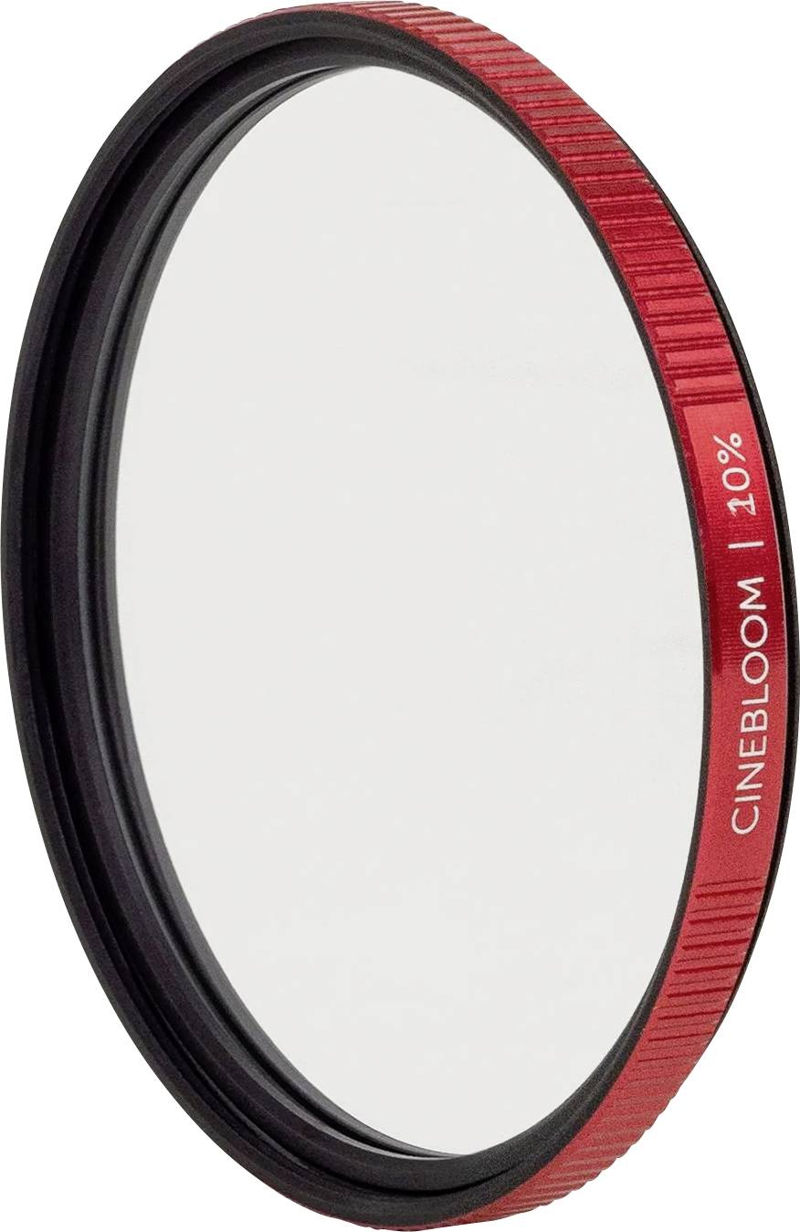 Roter Kameraobjektivfilter mit schwarzem Rand und roter gerillter Kante, beschriftet mit „CINEBLOOM 1/2"
