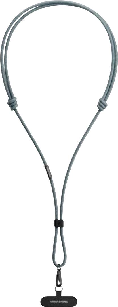 Eine türkise Lasso-Stil Schnurkette mit einer Schlaufe oben und einem hängenden schwarzen Anhänger-Charm.
