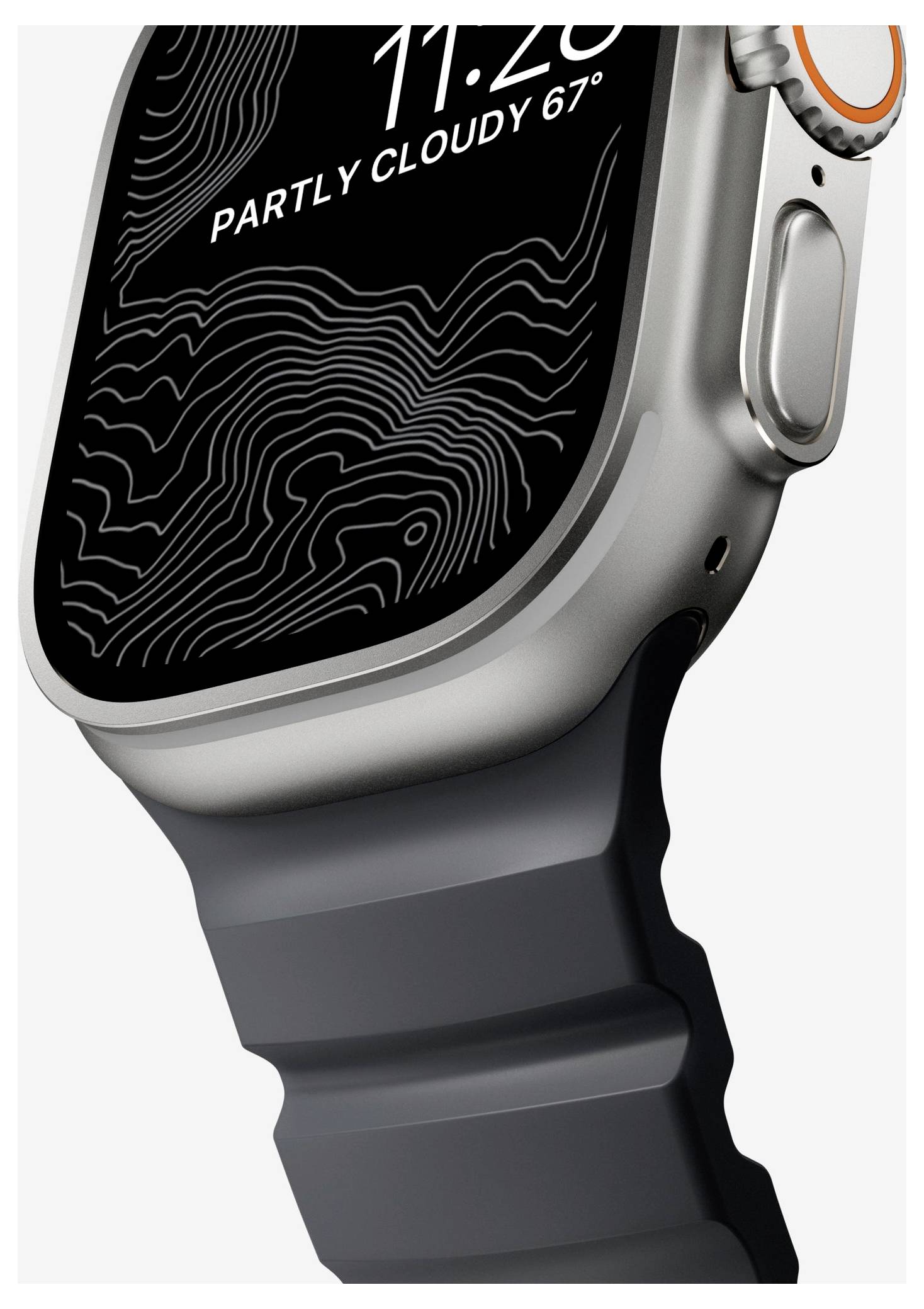 Nahaufnahme einer Apple Watch mit schwarzem Band, das Display zeigt die Uhrzeit 11:26 und das Wetter 'TEILWEISE BEWÖLKT 67°'.