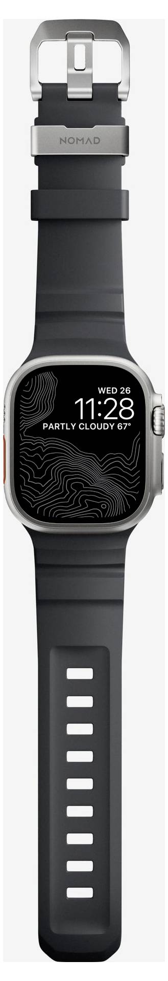 Schwarze Apple Watch mit silbernem Gehäuse und schwarzem Sportarmband, zeigt 11:28 Uhr an, Mittwoch, teilweise bewölkt, mit einem wellenförmigen schwarzen Zifferblattmuster.