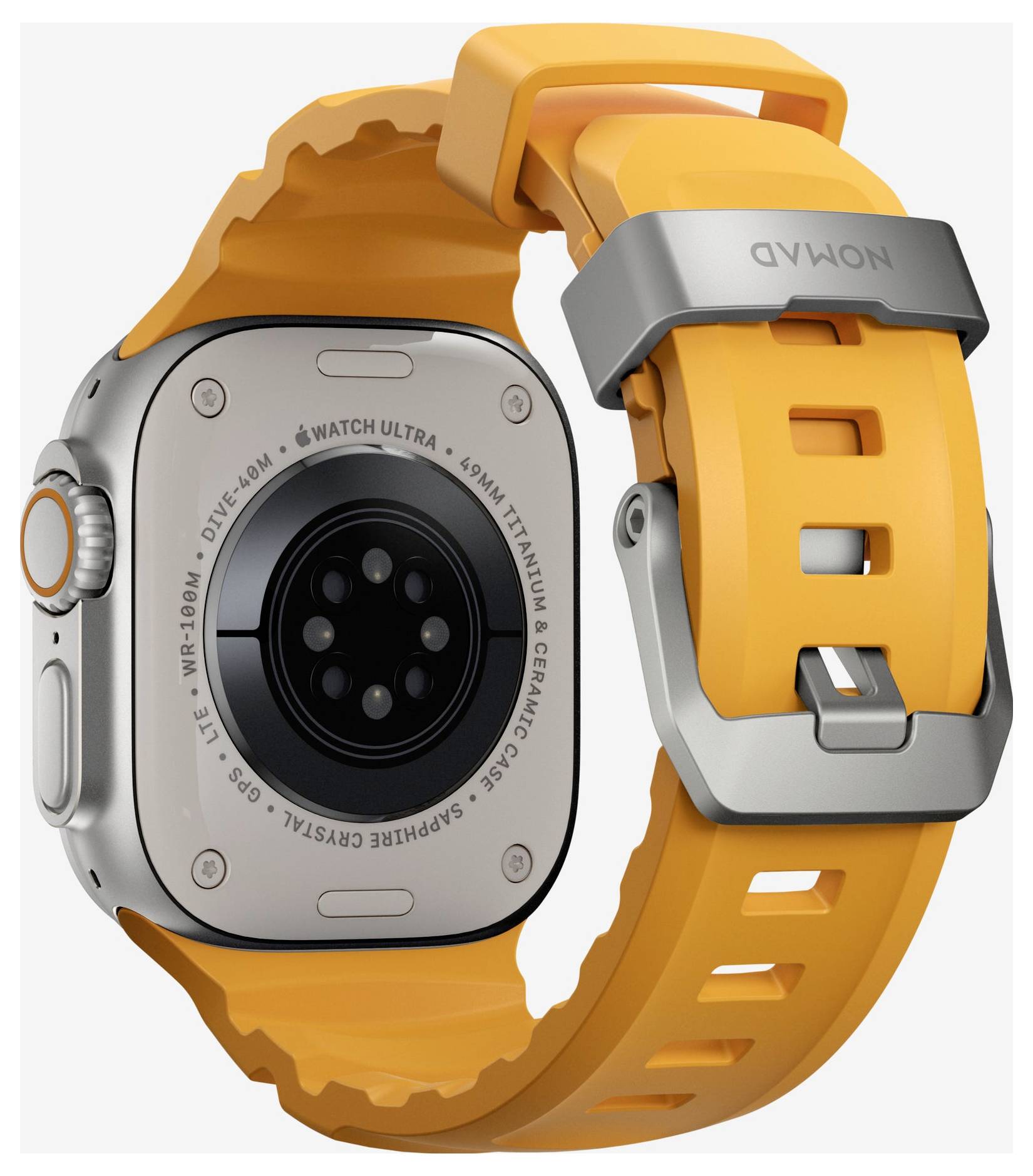 Apple Watch Ultra von hinten gezeigt mit orangefarbenem Sportarmband und silbernem Titantitangehäuse.