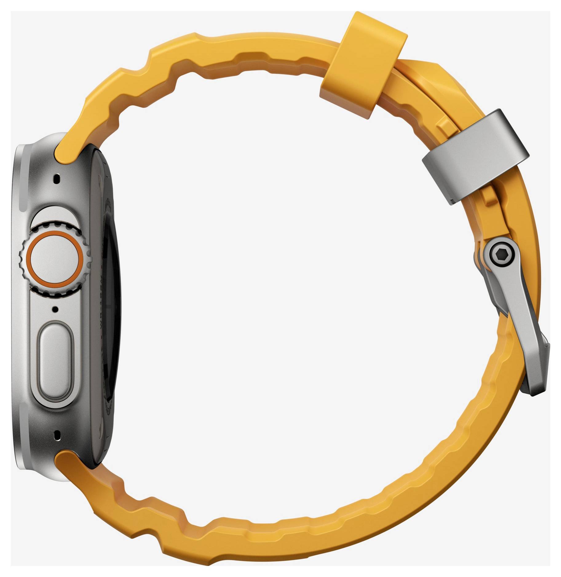 Seitenansicht einer orange-silbernen Smartwatch mit strukturiertem Armband, dargestellt als Schleife auf einfachem Hintergrund.