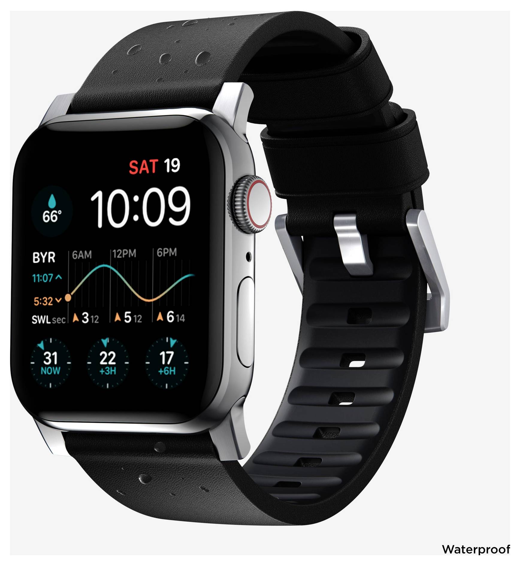 Schwarze Apple Watch mit Silikonarmband, die die Uhrzeit 10:09, Wetter und Aktivitätsstatistiken anzeigt; Text „Wasserdicht" in der Ecke.