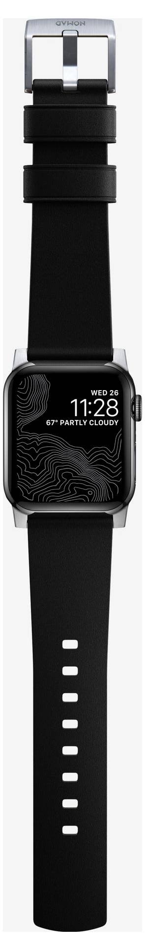 Eine schwarze Apple Watch mit silbernem Gehäuse und schwarzem Sportarmband, die die Uhrzeit 11:28 und ein teilweise bewölktes Wetter-Zifferblatt anzeigt.