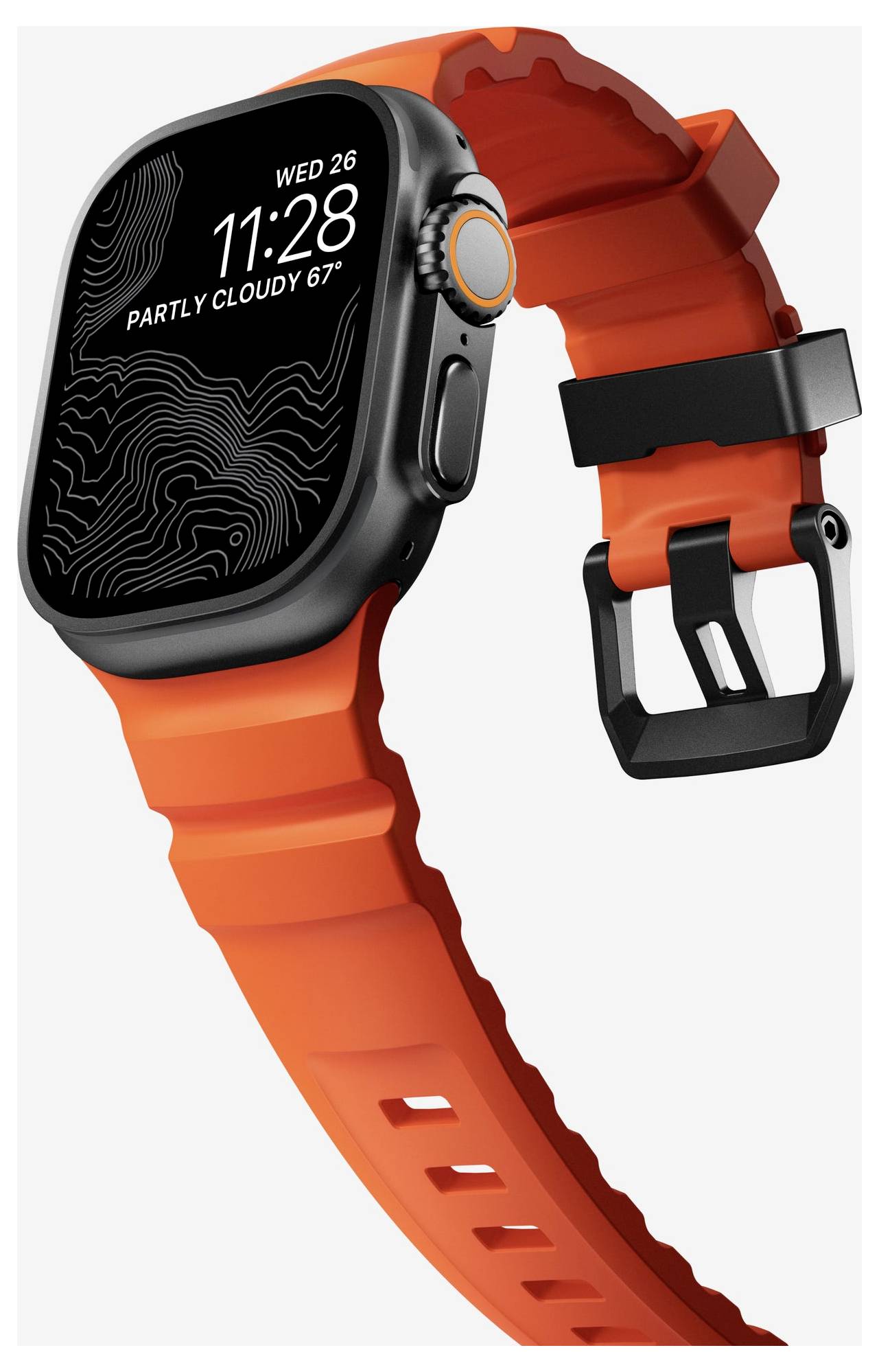 Schwarze Smartwatch mit orangenem Armband in Dreiviertelansicht, auf dem Display werden 11:28, Mi 26 und „Teilweise bewölkt 67°" angezeigt.