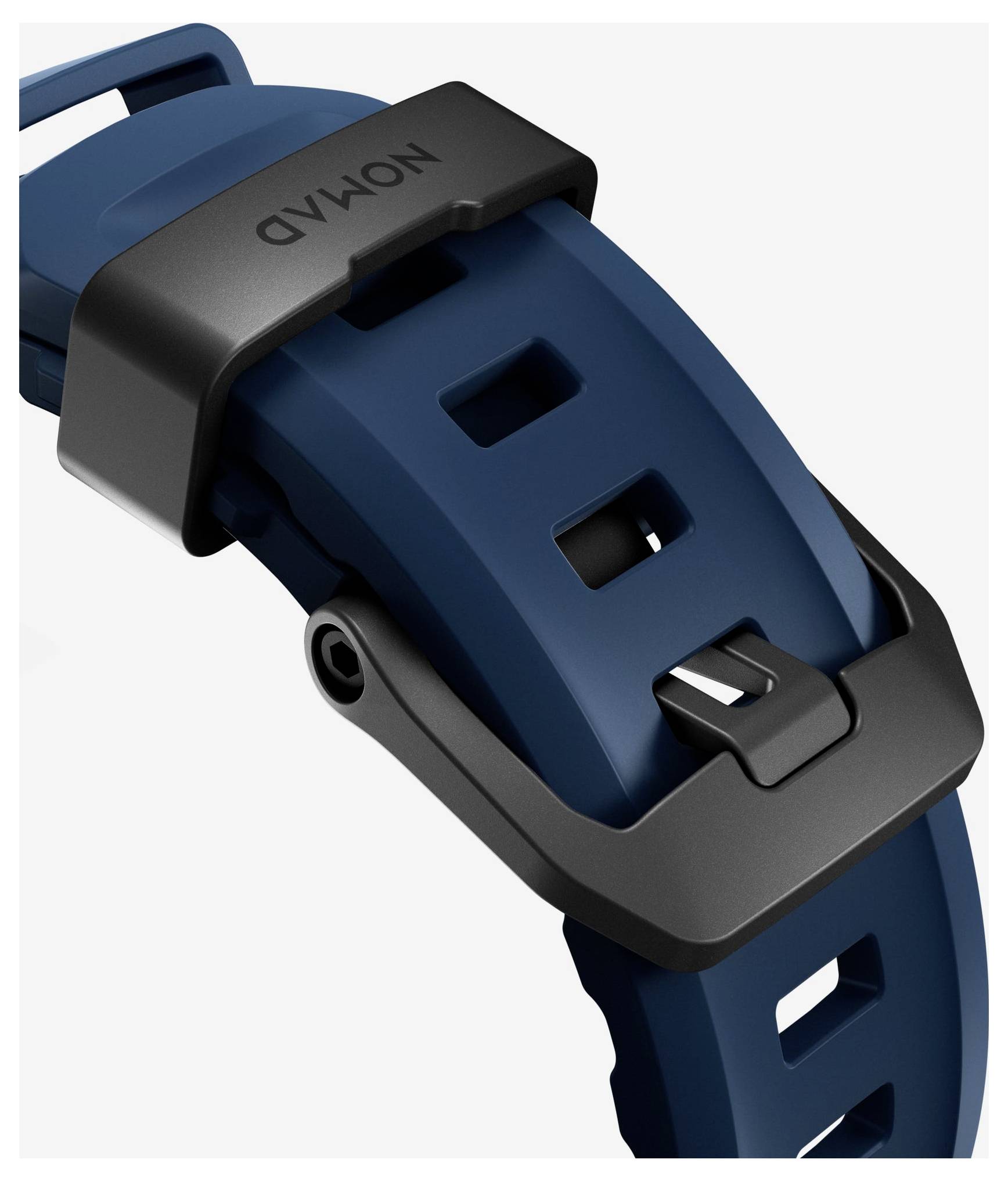 Nahaufnahme eines blauen Uhrenarmbands mit schwarzer Schließe und Metallschnalle, die den Verschlussmechanismus zeigt.