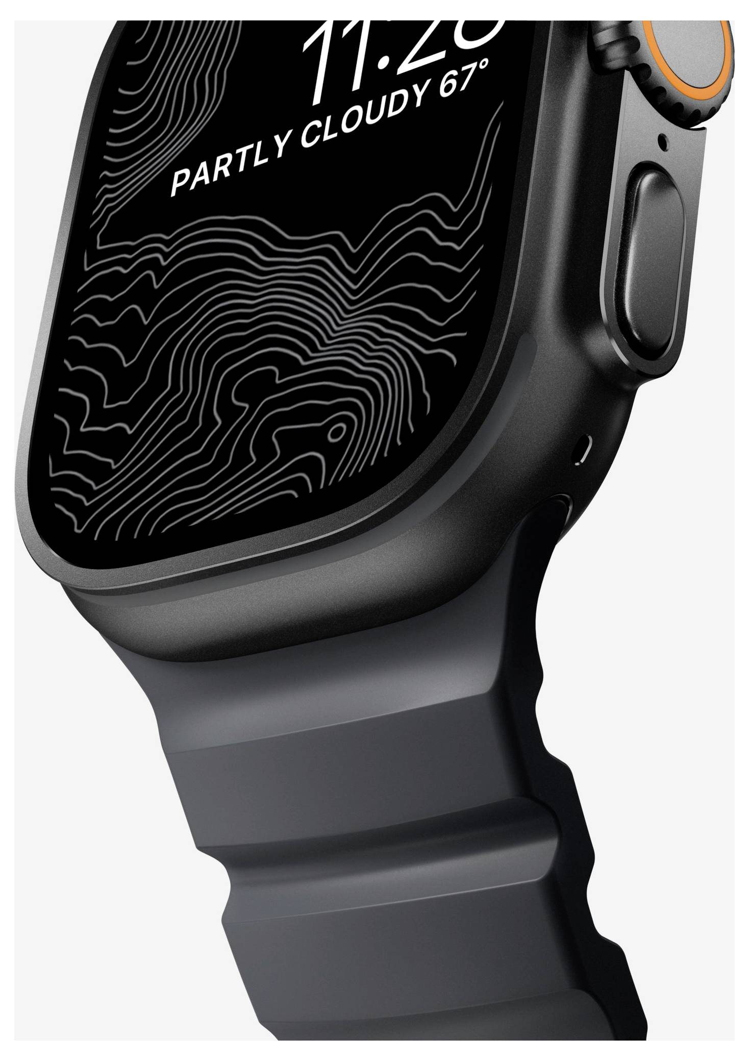 Nahaufnahme einer schwarzen Smartwatch mit robustem Band und orange akzentuierter Krone, die 11:20 und „Teilweise bewölkt 67°" auf dem Display zeigt.