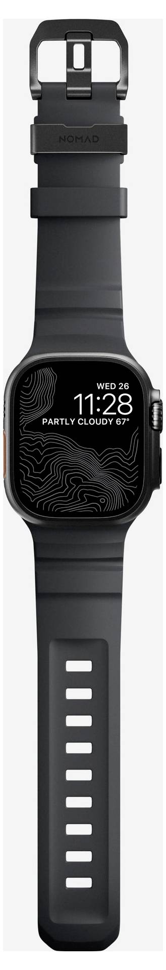 Schwarze Garmin-Smartwatch mit Silikonarmband, zeigt ein digitales Zifferblatt mit "WED 12:28" und "PARTLY CLOUDY" plus Wettergrafiken.